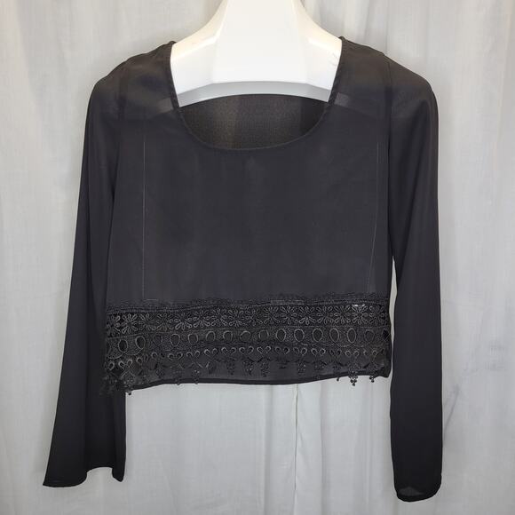 Tobi Sheer Long Sleeve Scoop Neck Crop Top w/ Crochet Trim Bell Sleeve, S - Picture 1 of 8